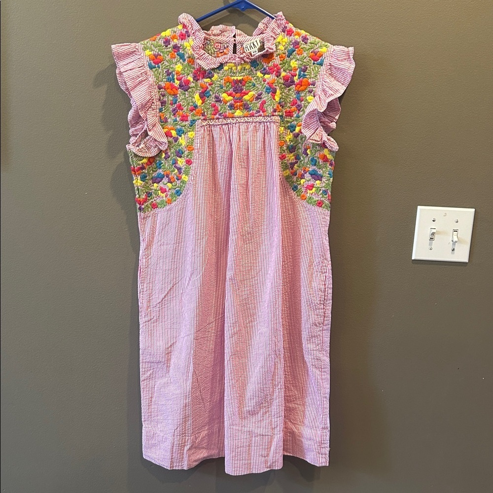 Sister Mary Floral Embroidered Seersucker Dress Cottagecore Boho Womens Sm